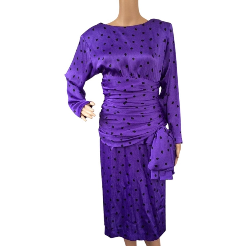 80s Purple Polka Dot Dress I Magnin Vintage Bow S - Picture 3 of 4
